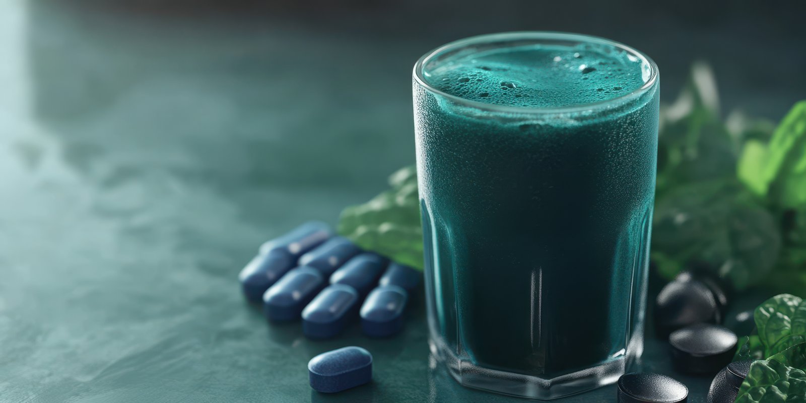 Refreshing blue-green drink surrounded by herbal supplements in a serene setting